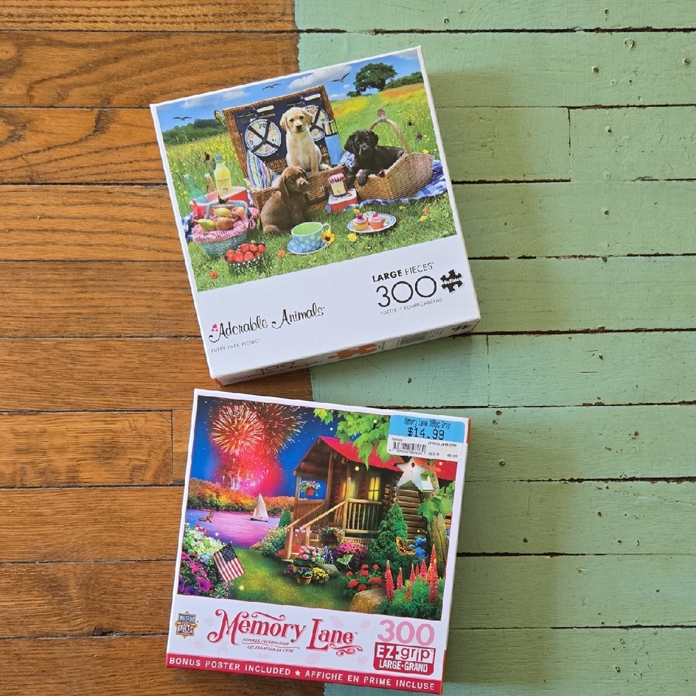 Adorable Animals Puppies Picnic/  Memory Lane EZ-Grip 300-Piece Puzzles